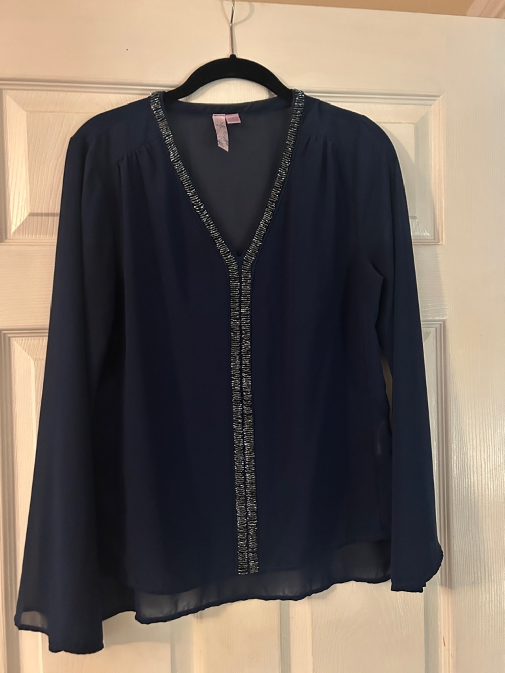 Alya Navy V-Neck Beaded Trim Blouse